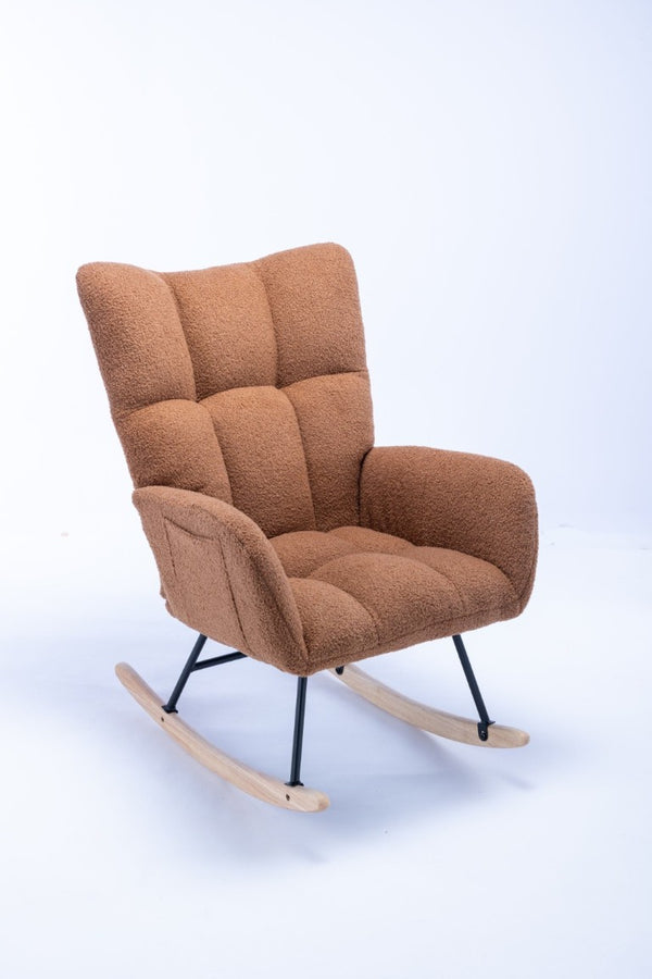 English Elm Teddy Fleece Wingback Glider Rocker Ergonomic Nursing Chair with Storage Pocket Brown W3723P494828