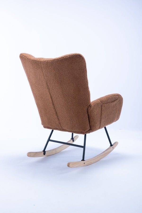 English Elm Teddy Fleece Wingback Glider Rocker Ergonomic Nursing Chair with Storage Pocket Brown W3723P494828