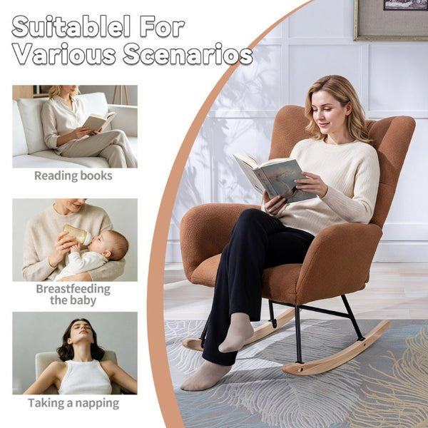 English Elm Teddy Fleece Wingback Glider Rocker Ergonomic Nursing Chair with Storage Pocket Brown W3723P494828