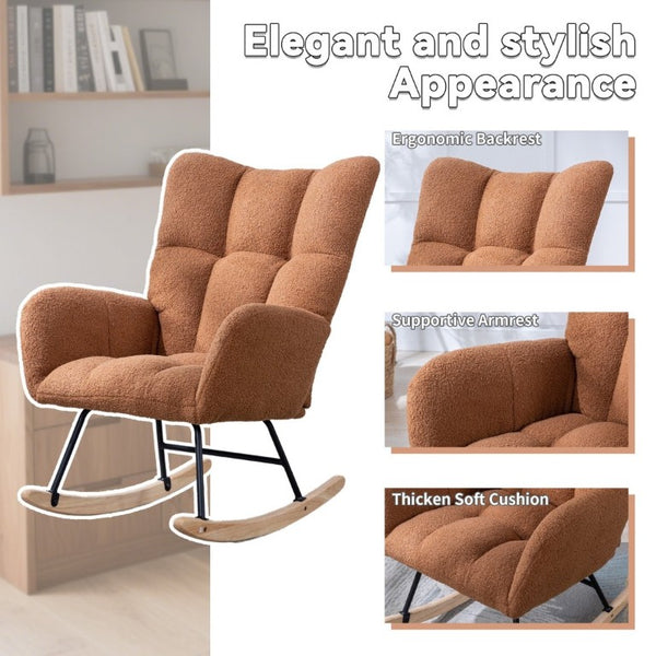 English Elm Teddy Fleece Wingback Glider Rocker Ergonomic Nursing Chair with Storage Pocket Brown W3723P494828