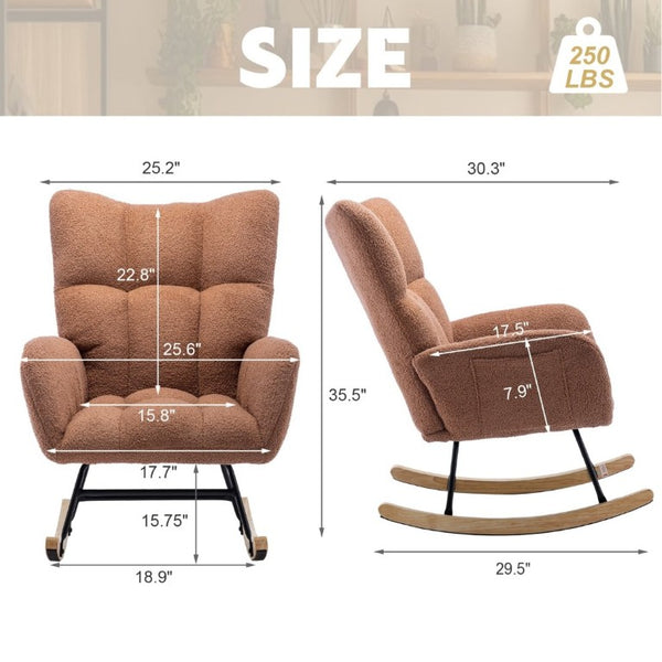 English Elm Teddy Fleece Wingback Glider Rocker Ergonomic Nursing Chair with Storage Pocket Brown W3723P494828