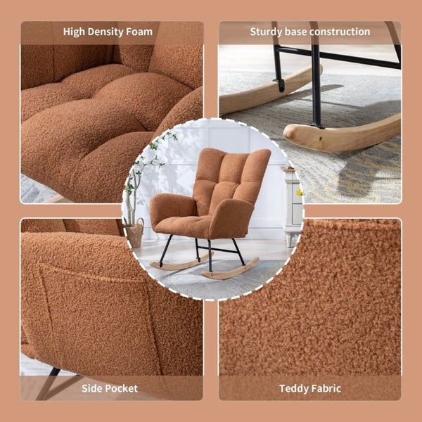 English Elm Teddy Fleece Wingback Glider Rocker Ergonomic Nursing Chair with Storage Pocket Brown W3723P494828