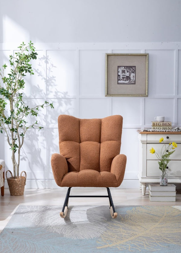 English Elm Teddy Fleece Wingback Glider Rocker Ergonomic Nursing Chair with Storage Pocket Brown W3723P494828