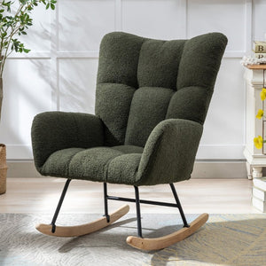 English Elm Teddy Fleece Wingback Glider Rocker Tufted Nursery Chair with Built-In Storage Pocket W3723P494832