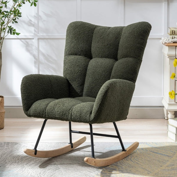 English Elm Teddy Fleece Wingback Glider Rocker Tufted Nursery Chair with Built-In Storage Pocket W3723P494832