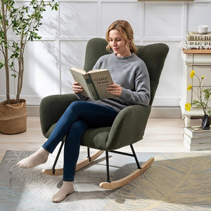 English Elm Teddy Fleece Wingback Glider Rocker Tufted Nursery Chair with Built-In Storage Pocket W3723P494832
