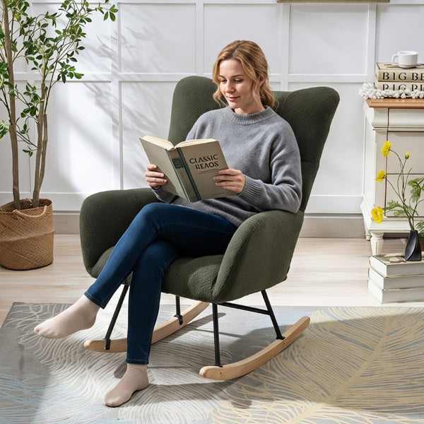 English Elm Teddy Fleece Wingback Glider Rocker Tufted Nursery Chair with Built-In Storage Pocket W3723P494832
