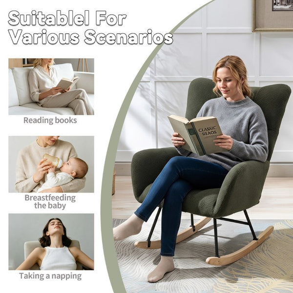 English Elm Teddy Fleece Wingback Glider Rocker Tufted Nursery Chair with Built-In Storage Pocket W3723P494832