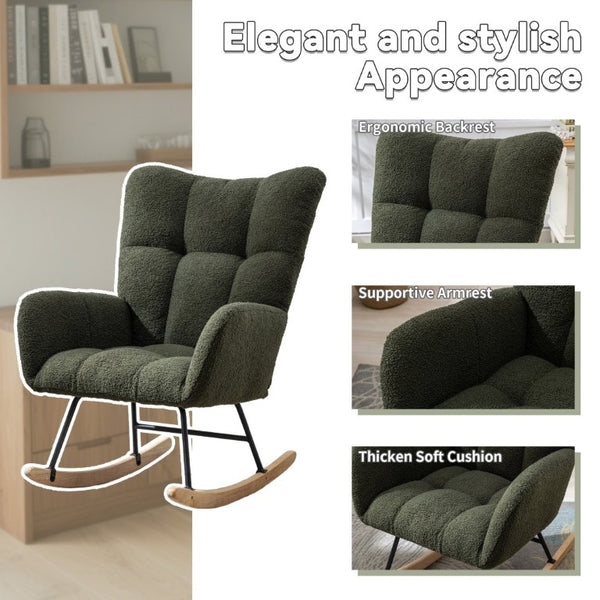English Elm Teddy Fleece Wingback Glider Rocker Tufted Nursery Chair with Built-In Storage Pocket W3723P494832