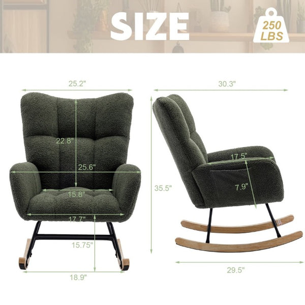 English Elm Teddy Fleece Wingback Glider Rocker Tufted Nursery Chair with Built-In Storage Pocket W3723P494832