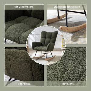 English Elm Teddy Fleece Wingback Glider Rocker Tufted Nursery Chair with Built-In Storage Pocket W3723P494832