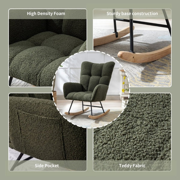 English Elm Teddy Fleece Wingback Glider Rocker Tufted Nursery Chair with Built-In Storage Pocket W3723P494832