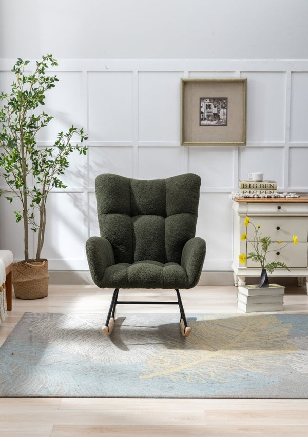 English Elm Teddy Fleece Wingback Glider Rocker Tufted Nursery Chair with Built-In Storage Pocket W3723P494832