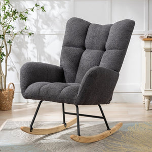 English Elm Teddy Fleece Wingback Glider Rocker Ergonomic Nursing Chair with Storage Pocket Grey W3723P494837