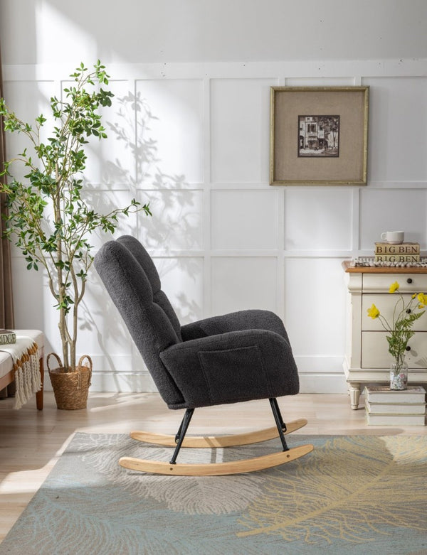 English Elm Teddy Fleece Wingback Glider Rocker Ergonomic Nursing Chair with Storage Pocket Grey W3723P494837