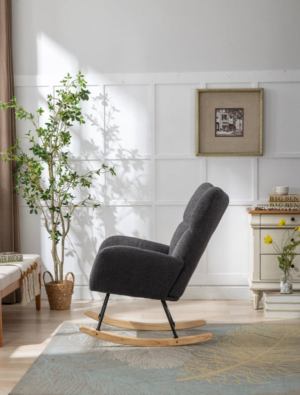 English Elm Teddy Fleece Wingback Glider Rocker Ergonomic Nursing Chair with Storage Pocket Grey W3723P494837