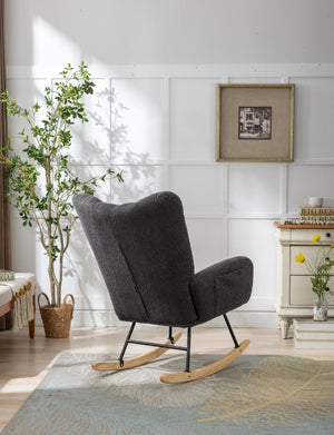 English Elm Teddy Fleece Wingback Glider Rocker Ergonomic Nursing Chair with Storage Pocket Grey W3723P494837