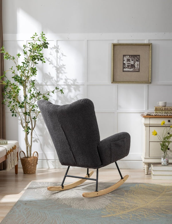 English Elm Teddy Fleece Wingback Glider Rocker Ergonomic Nursing Chair with Storage Pocket Grey W3723P494837