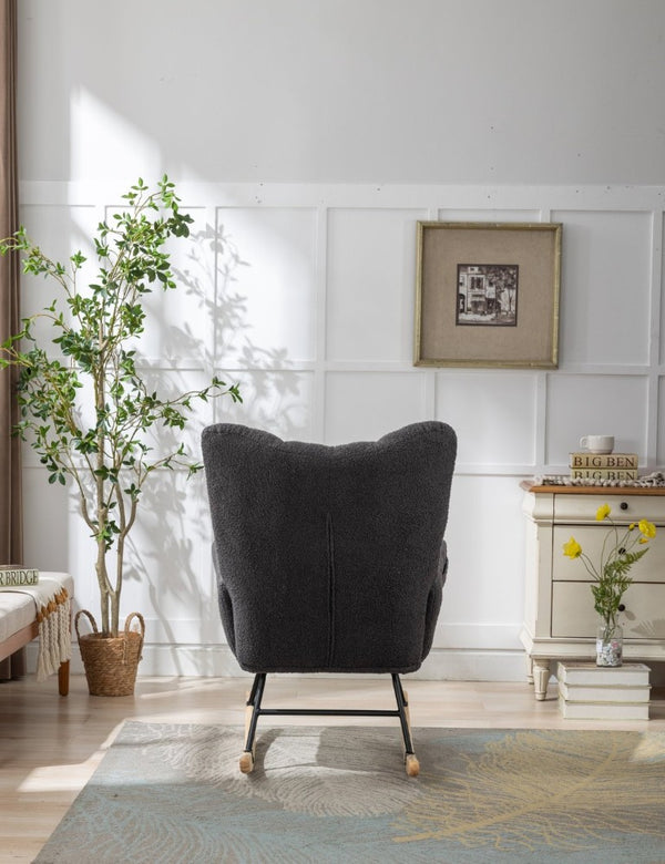 English Elm Teddy Fleece Wingback Glider Rocker Ergonomic Nursing Chair with Storage Pocket Grey W3723P494837