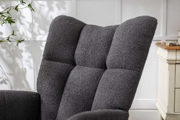 English Elm Teddy Fleece Wingback Glider Rocker Ergonomic Nursing Chair with Storage Pocket Grey W3723P494837
