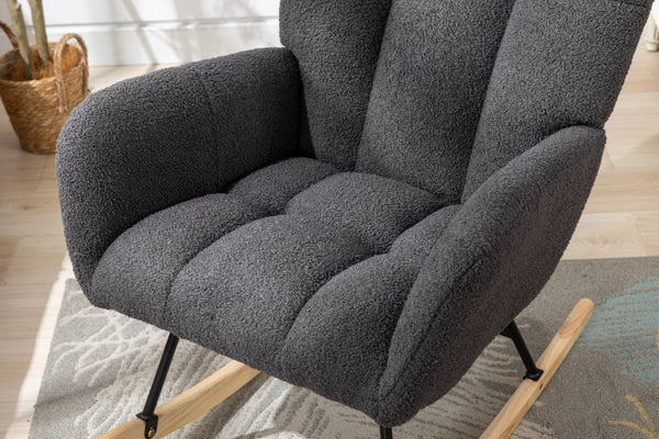 English Elm Teddy Fleece Wingback Glider Rocker Ergonomic Nursing Chair with Storage Pocket Grey W3723P494837