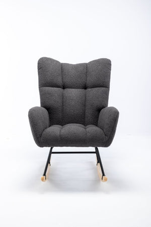 English Elm Teddy Fleece Wingback Glider Rocker Ergonomic Nursing Chair with Storage Pocket Grey W3723P494837