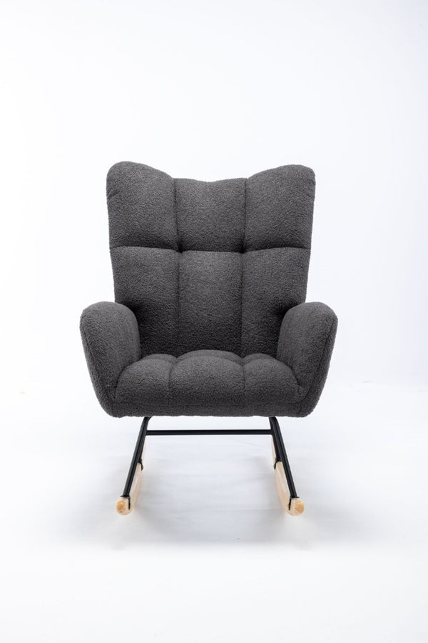 English Elm Teddy Fleece Wingback Glider Rocker Ergonomic Nursing Chair with Storage Pocket Grey W3723P494837