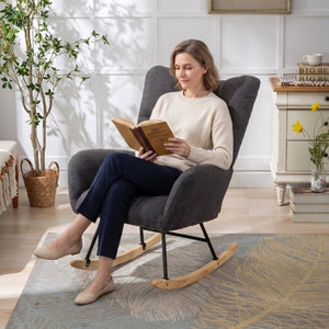 English Elm Teddy Fleece Wingback Glider Rocker Ergonomic Nursing Chair with Storage Pocket Grey W3723P494837