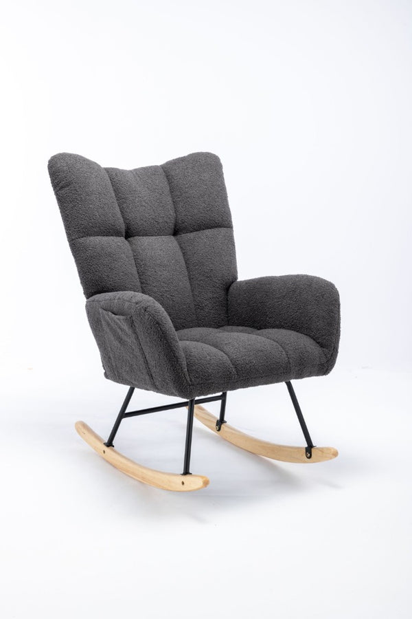 English Elm Teddy Fleece Wingback Glider Rocker Ergonomic Nursing Chair with Storage Pocket Grey W3723P494837