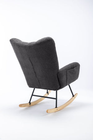 English Elm Teddy Fleece Wingback Glider Rocker Ergonomic Nursing Chair with Storage Pocket Grey W3723P494837