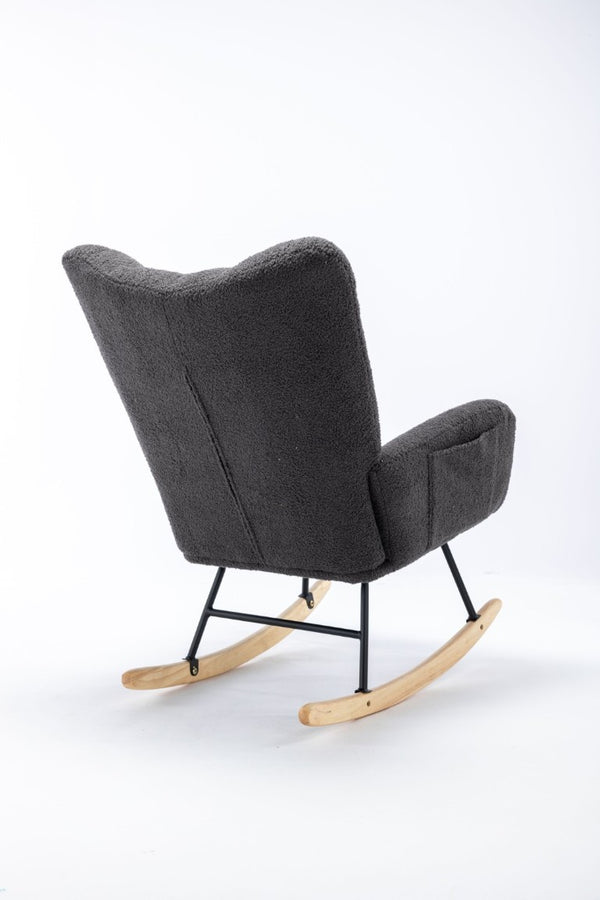 English Elm Teddy Fleece Wingback Glider Rocker Ergonomic Nursing Chair with Storage Pocket Grey W3723P494837