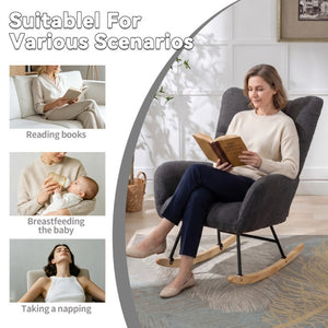 English Elm Teddy Fleece Wingback Glider Rocker Ergonomic Nursing Chair with Storage Pocket Grey W3723P494837