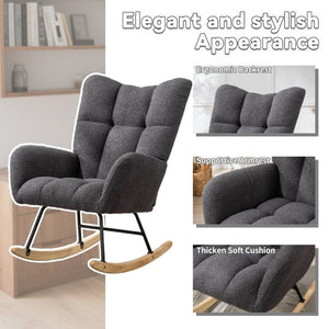 English Elm Teddy Fleece Wingback Glider Rocker Ergonomic Nursing Chair with Storage Pocket Grey W3723P494837