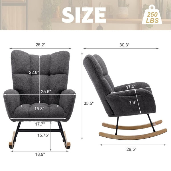 English Elm Teddy Fleece Wingback Glider Rocker Ergonomic Nursing Chair with Storage Pocket Grey W3723P494837