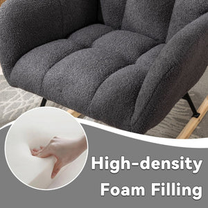 English Elm Teddy Fleece Wingback Glider Rocker Ergonomic Nursing Chair with Storage Pocket Grey W3723P494837