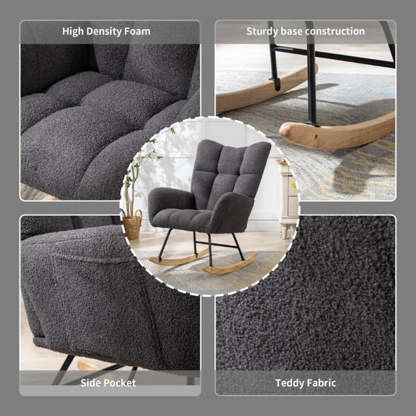 English Elm Teddy Fleece Wingback Glider Rocker Ergonomic Nursing Chair with Storage Pocket Grey W3723P494837