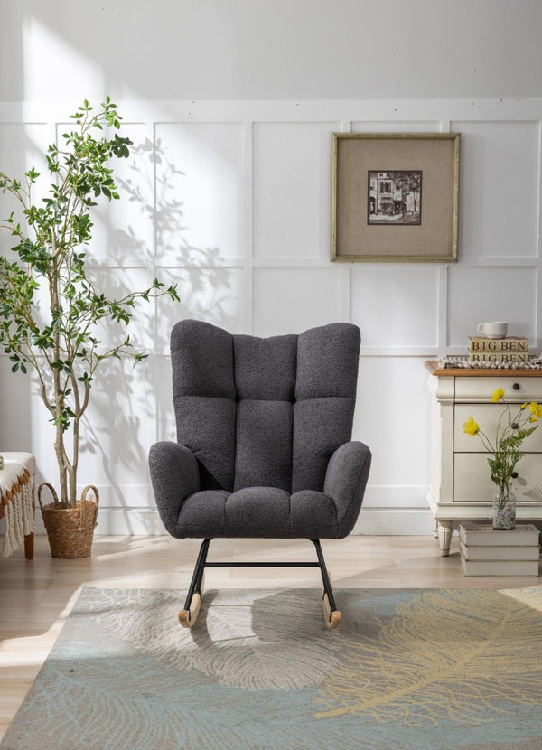 English Elm Teddy Fleece Wingback Glider Rocker Ergonomic Nursing Chair with Storage Pocket Grey W3723P494837