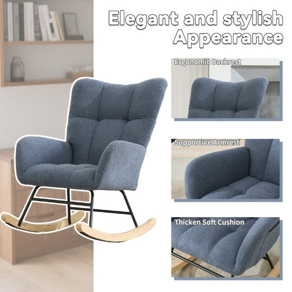 English Elm Teddy Fleece Wingback Glider Rocker Tufted Nursery Chair with Solid Wood Base Navy W3723P494842
