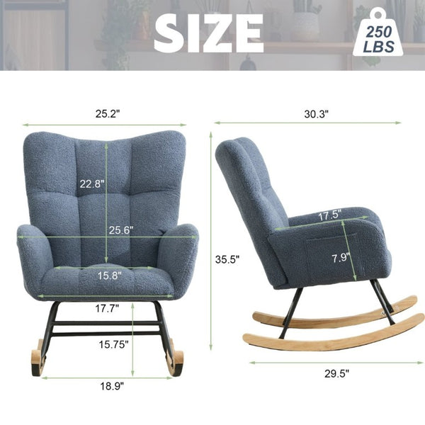 English Elm Teddy Fleece Wingback Glider Rocker Tufted Nursery Chair with Solid Wood Base Navy W3723P494842