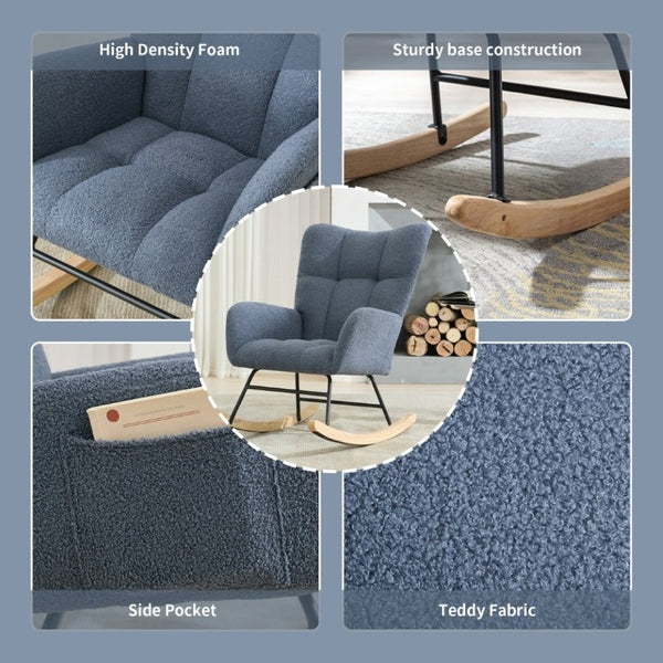 English Elm Teddy Fleece Wingback Glider Rocker Tufted Nursery Chair with Solid Wood Base Navy W3723P494842