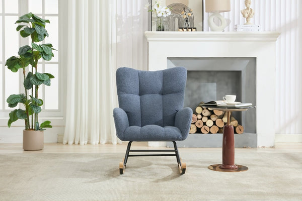 English Elm Teddy Fleece Wingback Glider Rocker Tufted Nursery Chair with Solid Wood Base Navy W3723P494842