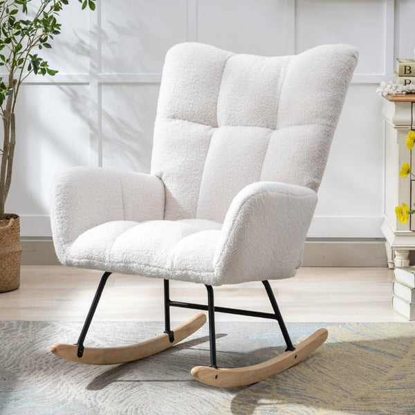 English Elm Teddy Fleece Wingback Glider Rocker Ergonomic Nursing Chair with Storage Pocket White W3723P494843