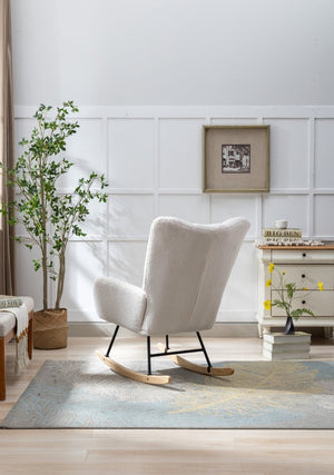 English Elm Teddy Fleece Wingback Glider Rocker Ergonomic Nursing Chair with Storage Pocket White W3723P494843