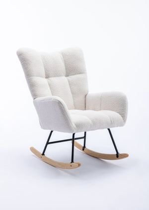 English Elm Teddy Fleece Wingback Glider Rocker Ergonomic Nursing Chair with Storage Pocket White W3723P494843