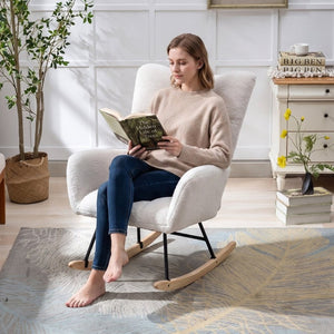 English Elm Teddy Fleece Wingback Glider Rocker Ergonomic Nursing Chair with Storage Pocket White W3723P494843