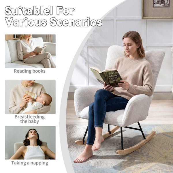 English Elm Teddy Fleece Wingback Glider Rocker Ergonomic Nursing Chair with Storage Pocket White W3723P494843