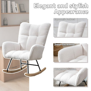 English Elm Teddy Fleece Wingback Glider Rocker Ergonomic Nursing Chair with Storage Pocket White W3723P494843
