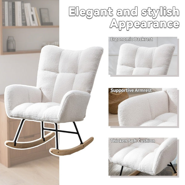 English Elm Teddy Fleece Wingback Glider Rocker Ergonomic Nursing Chair with Storage Pocket White W3723P494843