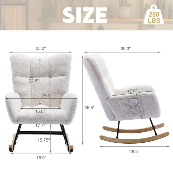 English Elm Teddy Fleece Wingback Glider Rocker Ergonomic Nursing Chair with Storage Pocket White W3723P494843