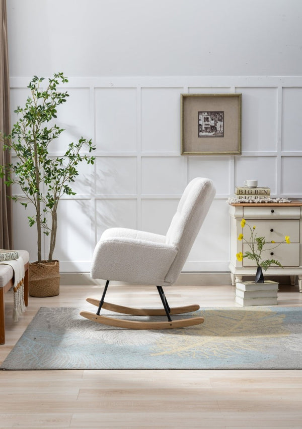 English Elm Teddy Fleece Wingback Glider Rocker Ergonomic Nursing Chair with Storage Pocket White W3723P494843